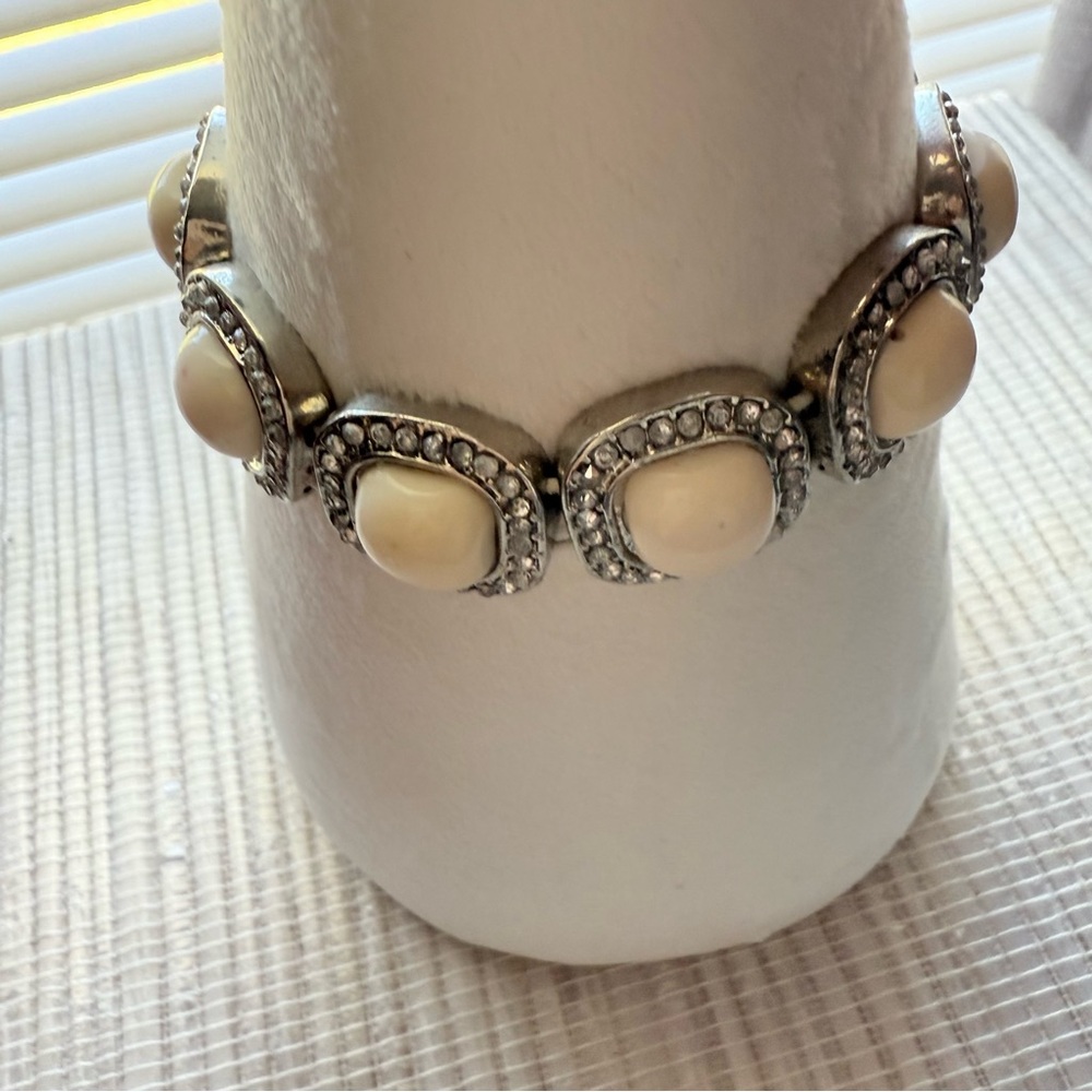 Silver-Tone Stretch Bracelet with Ivory Domes & Crystal Accents